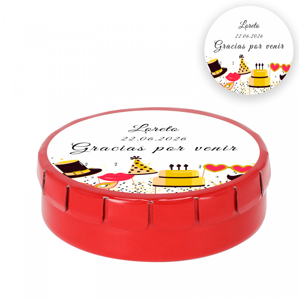 Caramelos de menta sin azúcar en lata roja personalizada con adhesivo de cumpleaños