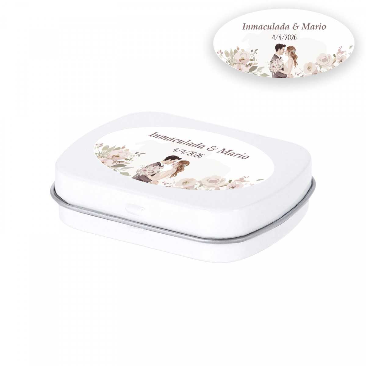Caramelos de menta sin azúcar en caja metálica blanca personalizada para bodas