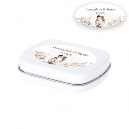 Caramelos de menta sin azúcar en caja metálica blanca personalizada para bodas