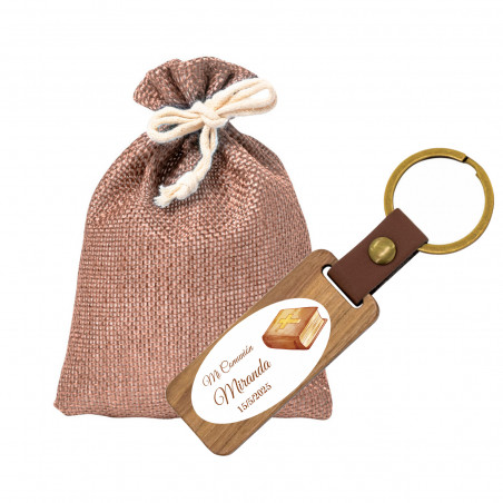 Llavero de madera con adhesivo ovalado de comunión unisex con bolsa de tela para detalle