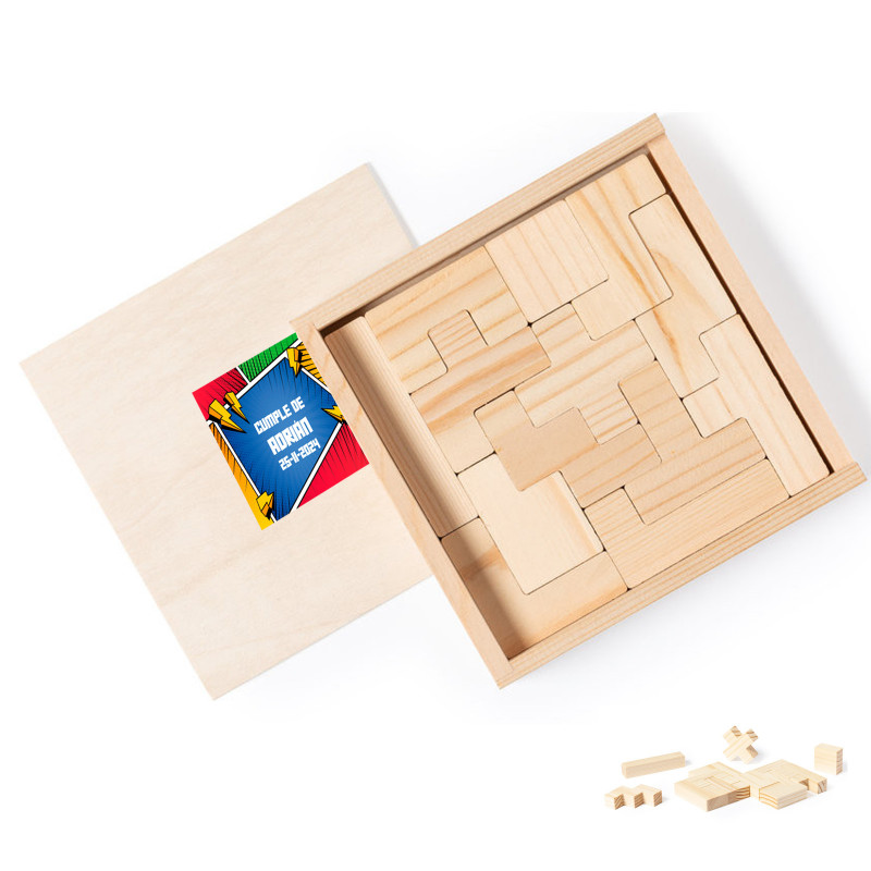 Tetris de madera presentado en caja personalizada con adhesivo de cumpleaños