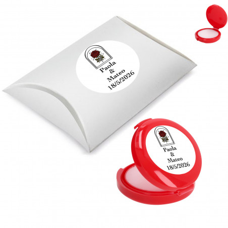 Bálsamo labial personalizado con adhesivo y caja de presentación para bodas