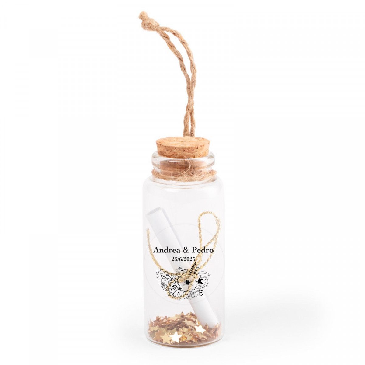 Bote de los deseos con adhesivo floral transparente para detalles originales eventos