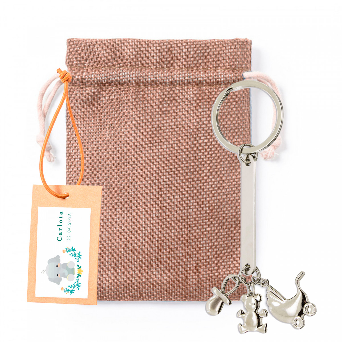 Llavero charm bautizo en bolsa de tela con tarjeta colgante personalizada para regalar