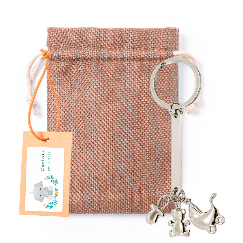 Llavero charm bautizo en bolsa de tela con tarjeta colgante personalizada para regalar