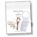 Llavero de aluminio troquel corazón cinta blanca con tarjeta personalizada de bodas