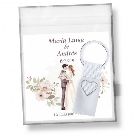 Llavero de aluminio troquel corazón cinta blanca con tarjeta personalizada de bodas
