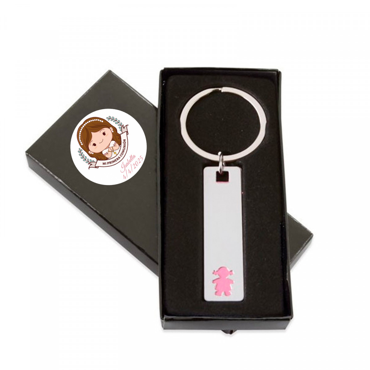 Llavero metálico niña en elegante caja con adhesivo primera comunión personalizable para regalar
