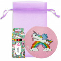 Libreta y estuche de ceras de colores diseño unicornio personalizado en bolsa de organza para detalles infantiles