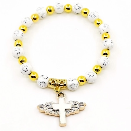 Pulsera elástica con cuentas blancas y doradas y colgante de cruz con alas Recuerdo especial para eventos
