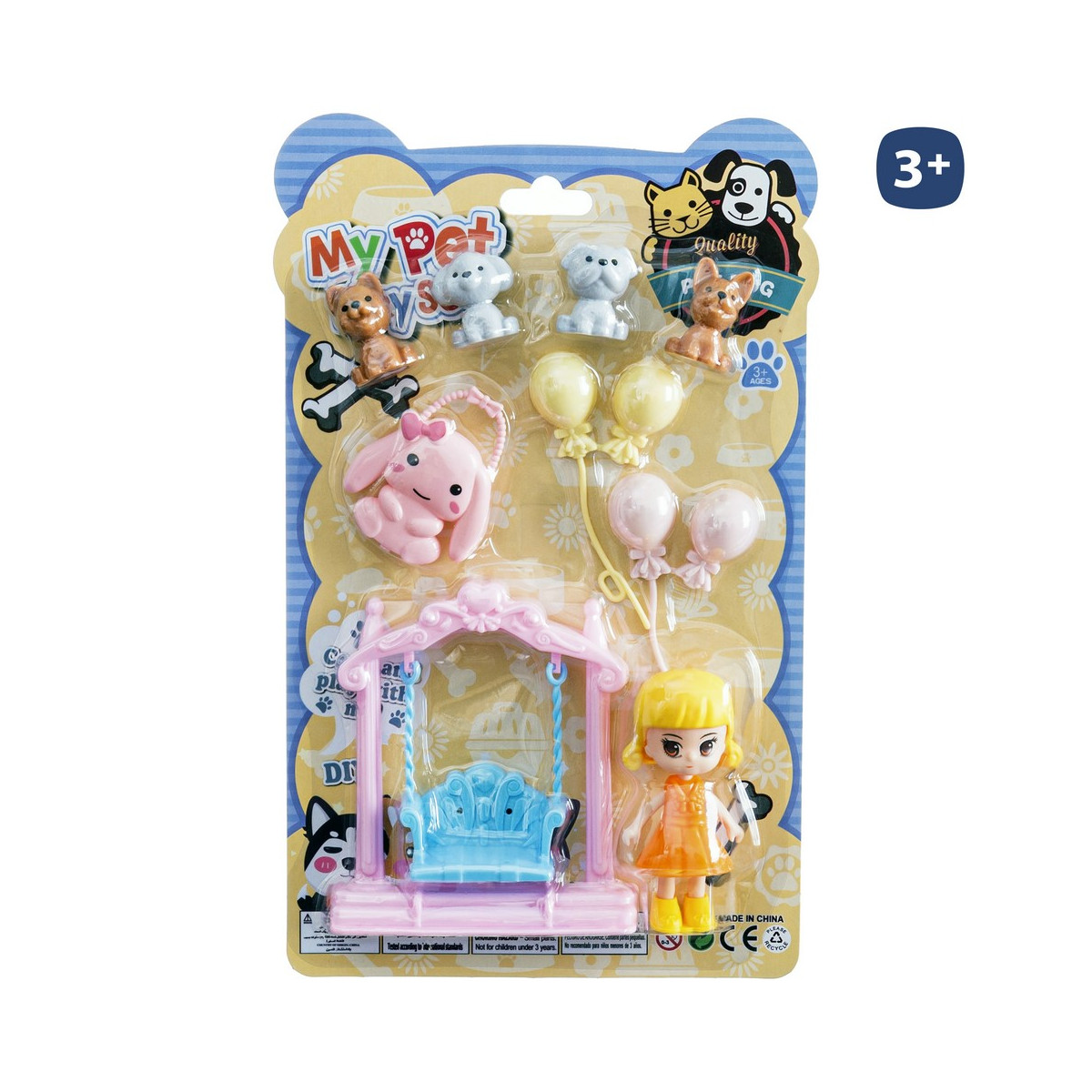 Set de muñeca con mascotas y columpio para jugar