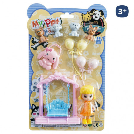Set de muñeca con mascotas y columpio para jugar