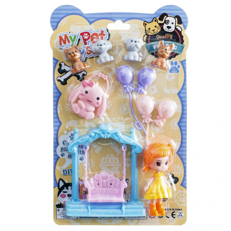 Set de muñeca con mascotas y columpio para jugar