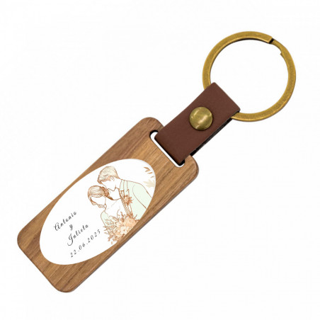 Llavero de madera personalizado en original caja de regalo para invitados a bodas