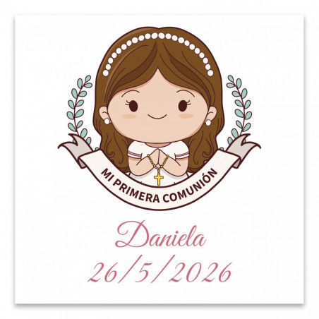 Llavero metálico niña en bolsa de tela natural con tarjeta recordatorio primera comunión personalizada para detalles invitados