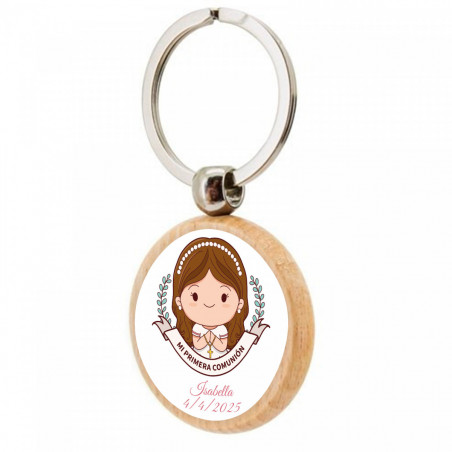 Llavero de madera con adhesivo comunión niña en bolsa kraft rosa personalizada para detalles primera comunión