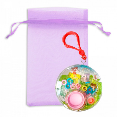 Juego de habilidad con agua y mosquetón en bolsa de organza lila