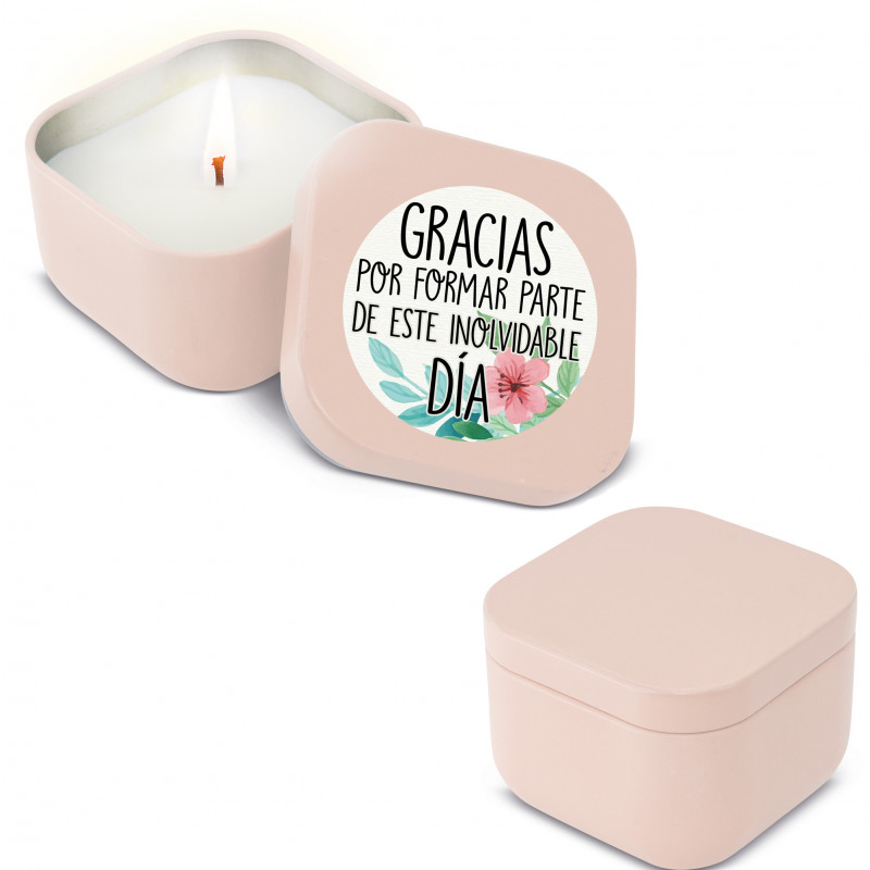 Vela aromática en caja metálica y adhesivo de agradecimiento para detalles eventos