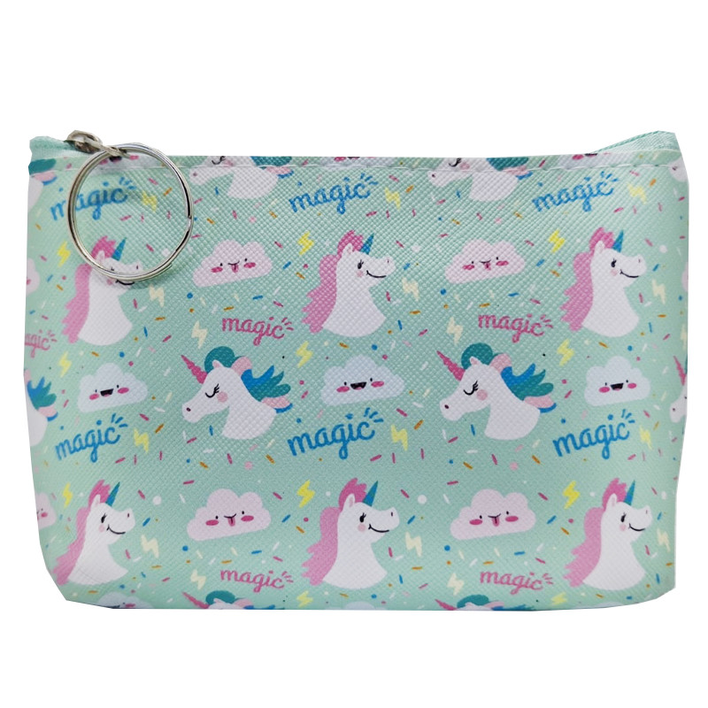 Monedero verde de unicornio con cierre de cremallera