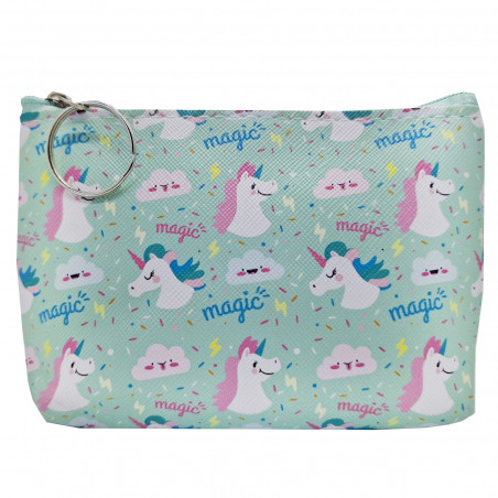 Monedero verde de unicornio con cierre de cremallera