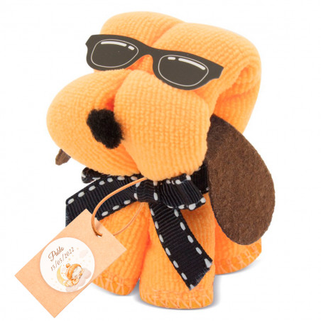 Toalla diseño perro con tarjeta colgante personalizada para detalles invitados a bautizo