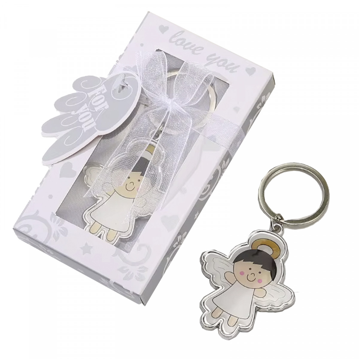 Llavero angelito sonriente con alas presentado en caja para regalo