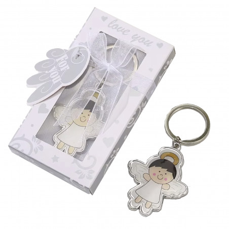 Llavero angelito sonriente con alas presentado en caja para regalo