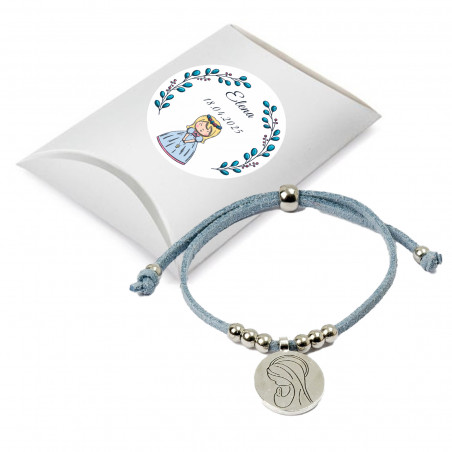 Pulsera con medalla de la virgen maría en estuche personalizado con adhesivo para comunión de niña