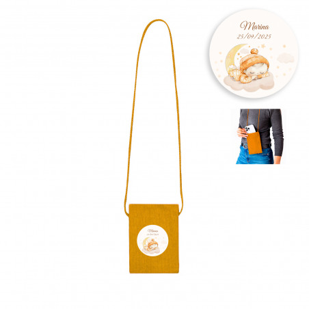 Portatodo color mostaza con asa larga personalizado con adhesivo de bebé