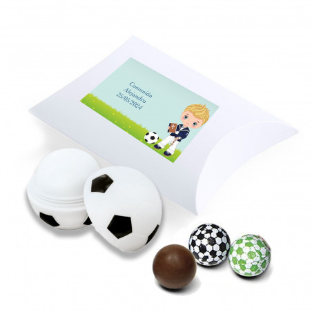 Brillo labial y bombones con diseño de fútbol en bolsa personalizada para comunión de niño