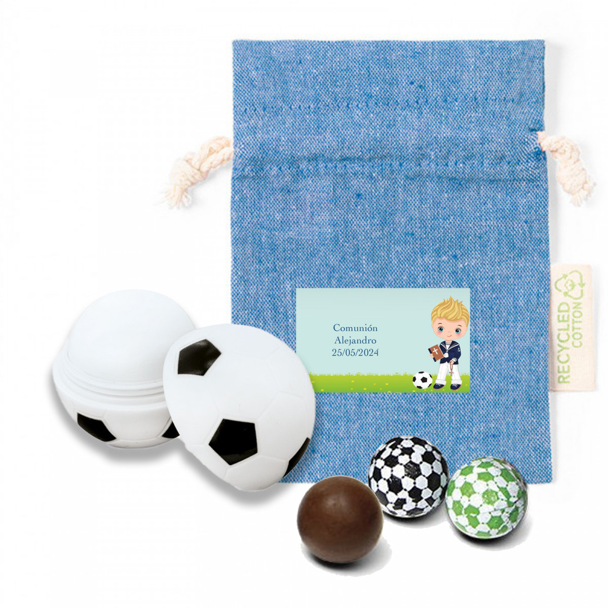Brillo labial y bombones con diseño de fútbol en bolsa personalizada para comunión de niño