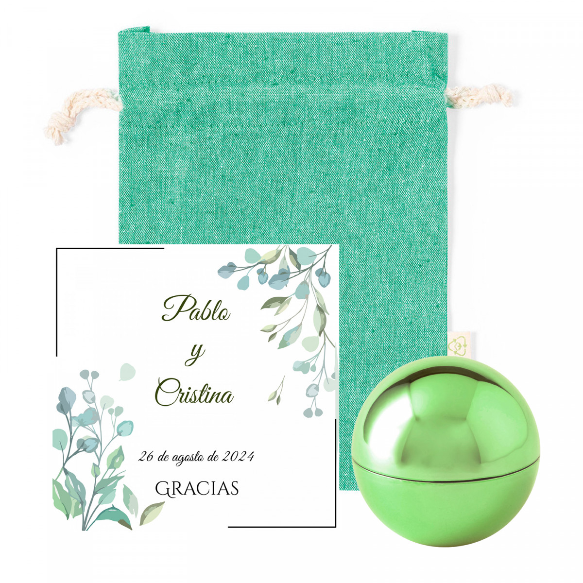 Bálsamo labial esférico verde con tarjeta recordatorio personalizada en bolsa de algodón para detalles