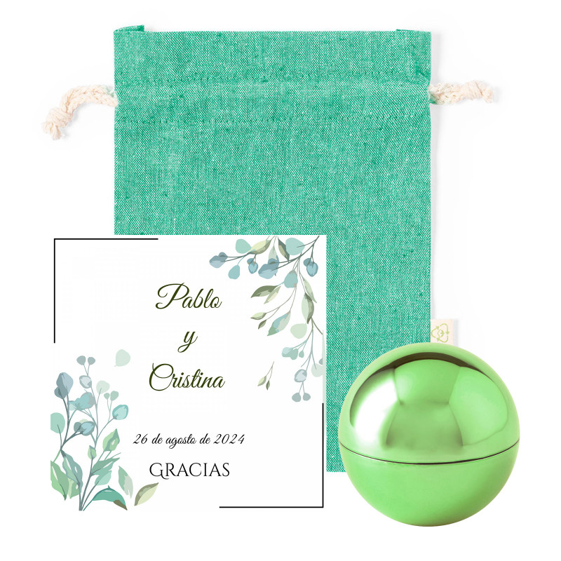 Bálsamo labial esférico verde con tarjeta recordatorio personalizada en bolsa de algodón para detalles