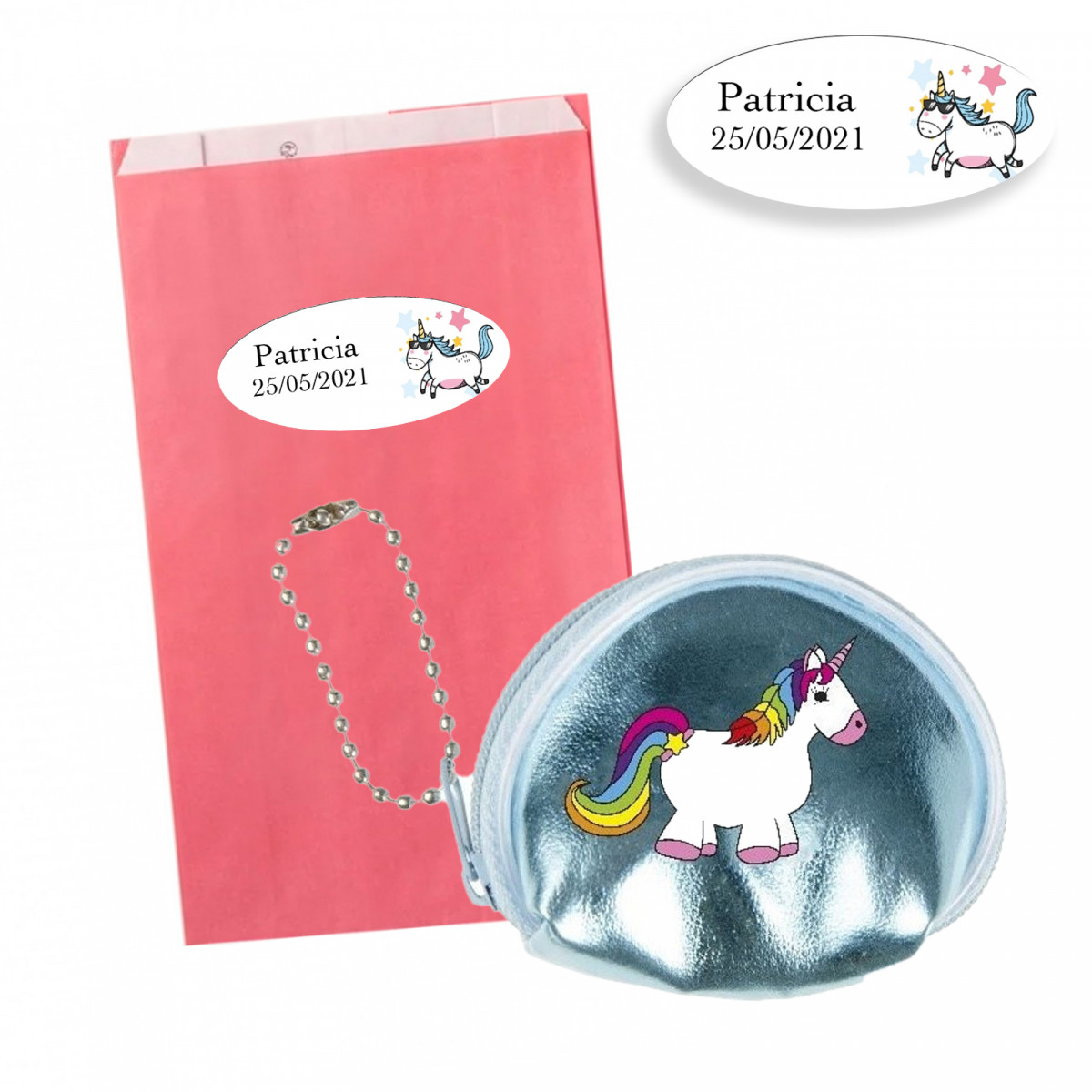 Monedero mini brillante de unicornio en sobre rosa y adhesivo personalizado para regalar