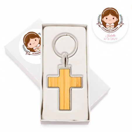 Llavero cruz de madera metálica en elegante caja con adhesivo primera comunión