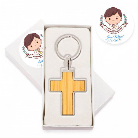 Llavero en forma de cruz metálico en caja personalizada con adhesivo primera comunión niño para regalar