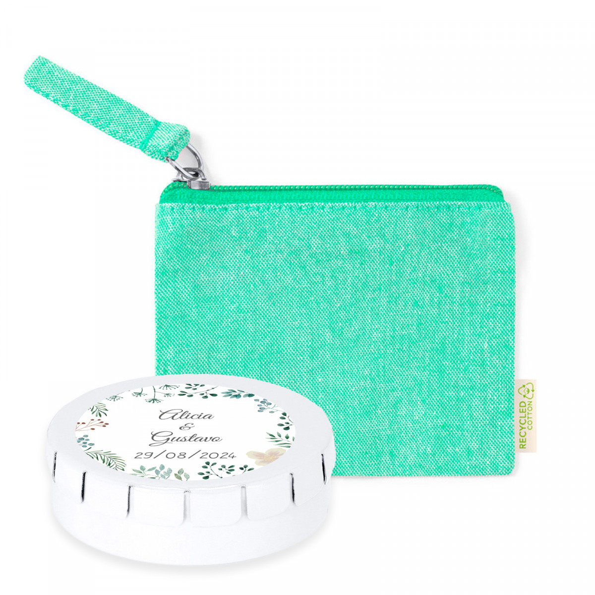 Caramelos sin azúcar en caja metálica personalizada y monedero verde para detalles de invitados