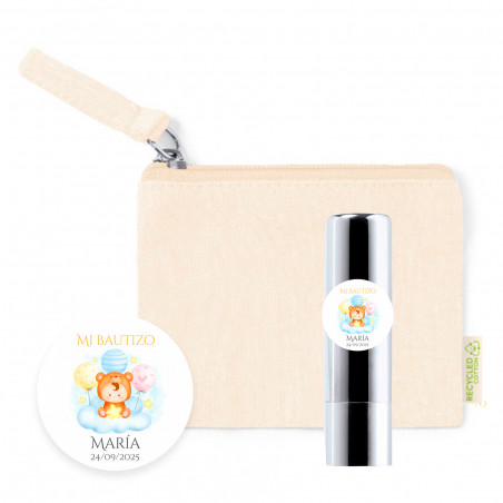 Bálsamo labial plateado con adhesivo personalizable en monedero natural para detalles de bautizo