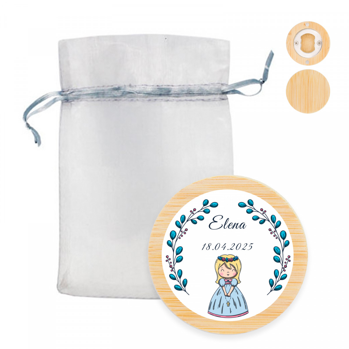 Abridor imán con adhesivo primera comunión niña en delicada bolsa de organza plata para regalar