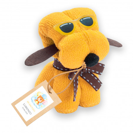 Toalla con forma de perrito y etiqueta colgante con adhesivo personalizable para detalles bautizo unisex