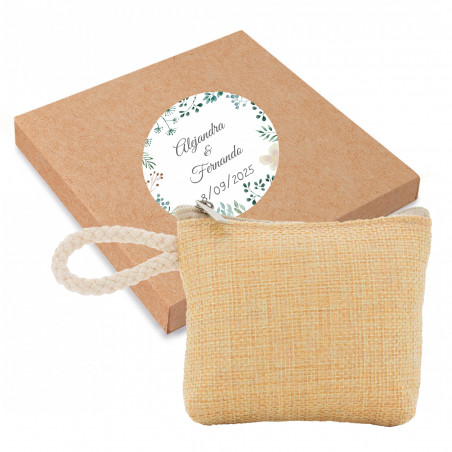 Monedero con asa de cordón en caja con adhesivo floral personalizable para detalles