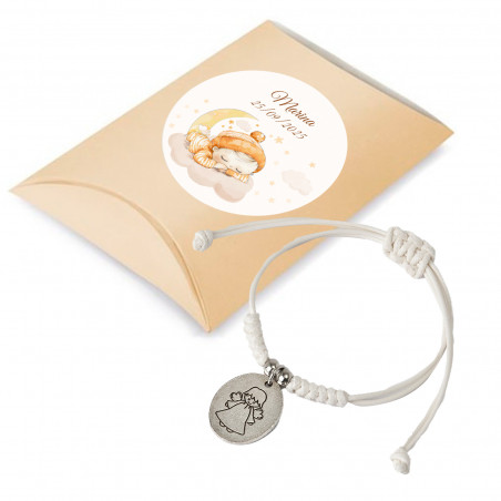 Pulsera de cordón con medalla de ángel en estuche personalizado con bebé dormido para bautizos