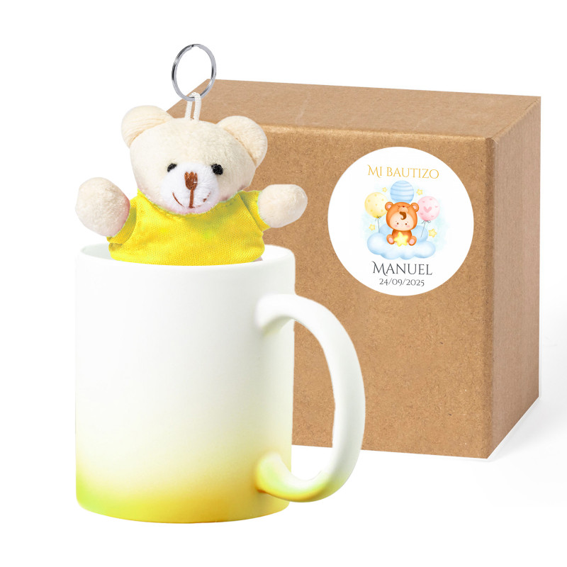Taza mate amarilla degradado con llavero de oso en caja personalizada para bautizo