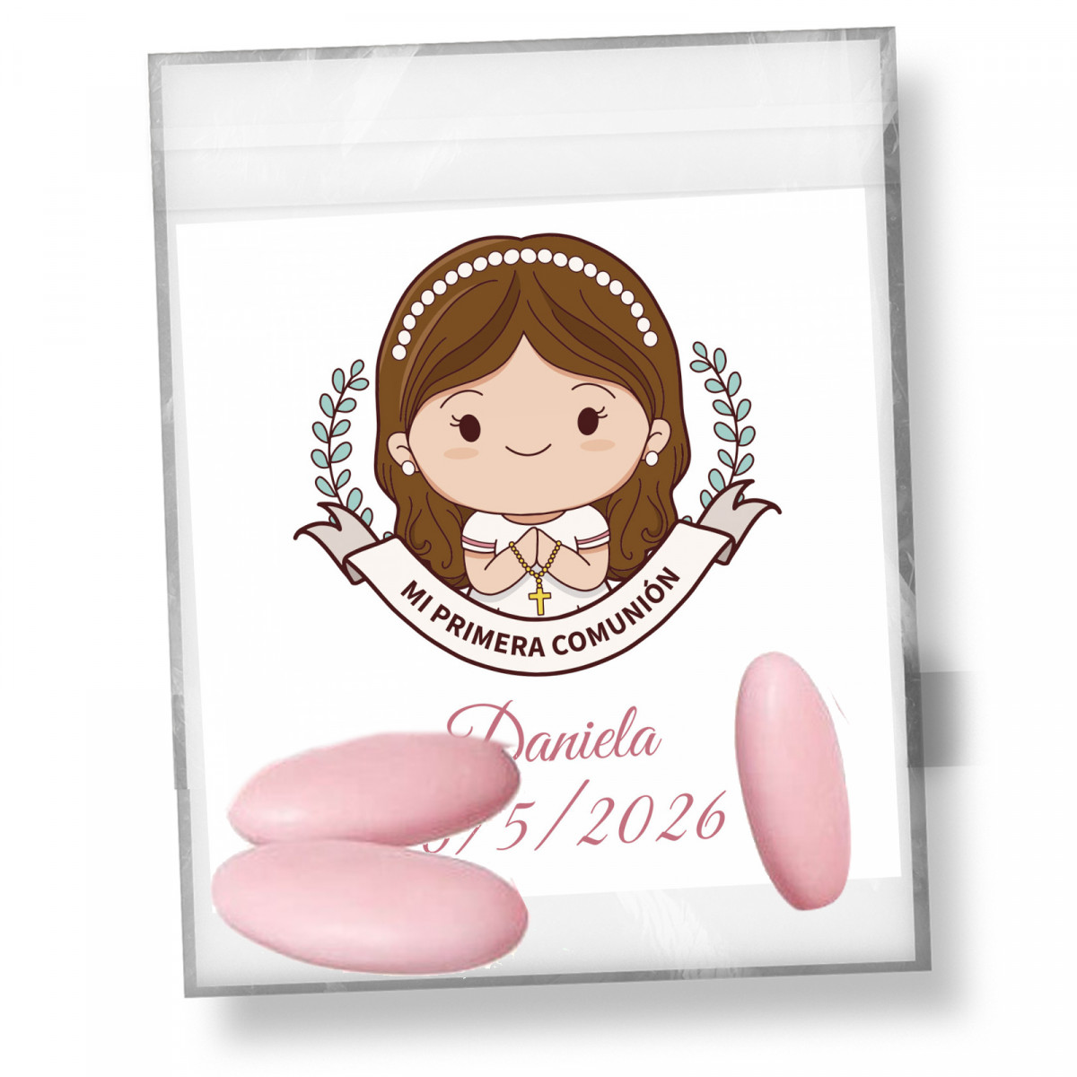 Peladillas de chocolate con cubierta rosa 3 unidades en bolsa con tarjeta recordatorio comunión niña