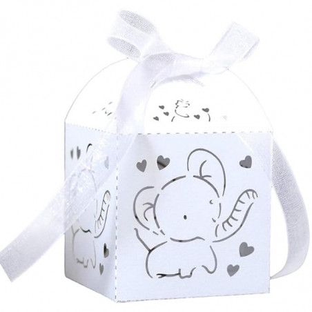 Caramelos sin azúcar en caja metálica con adhesivo diseño elefante presentado en elegante caja para detalles de bautizo
