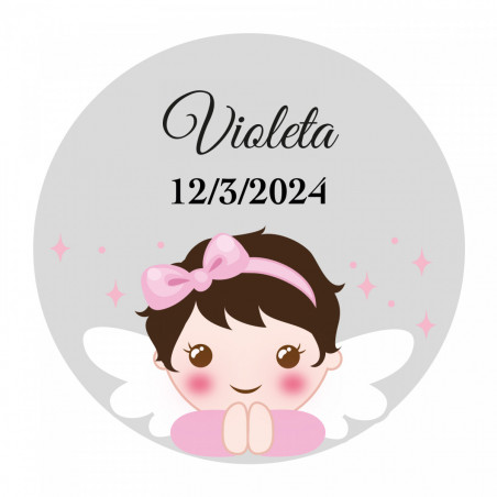 Soporte para móvil con moneda de bambú y adhesivo de bautizo diseño ángel rosa para detalles de invitados