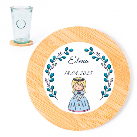 Posavasos de bambú con adhesivo primera comunión niña para regalos de invitados