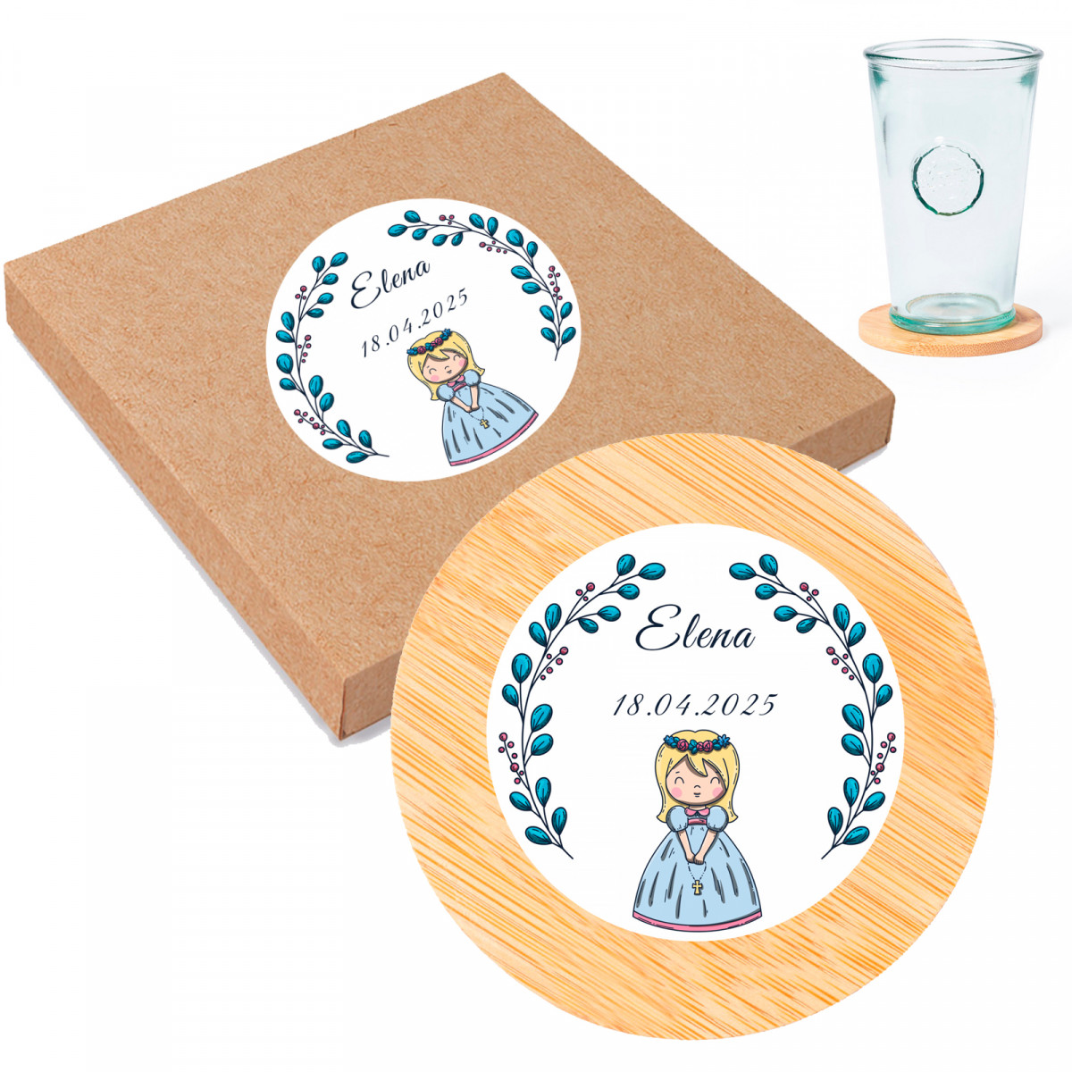 Posavasos de bambú con adhesivo primera comunión niña para regalos de invitados