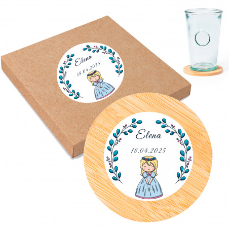 Posavasos de bambú con adhesivo primera comunión niña para regalos de invitados