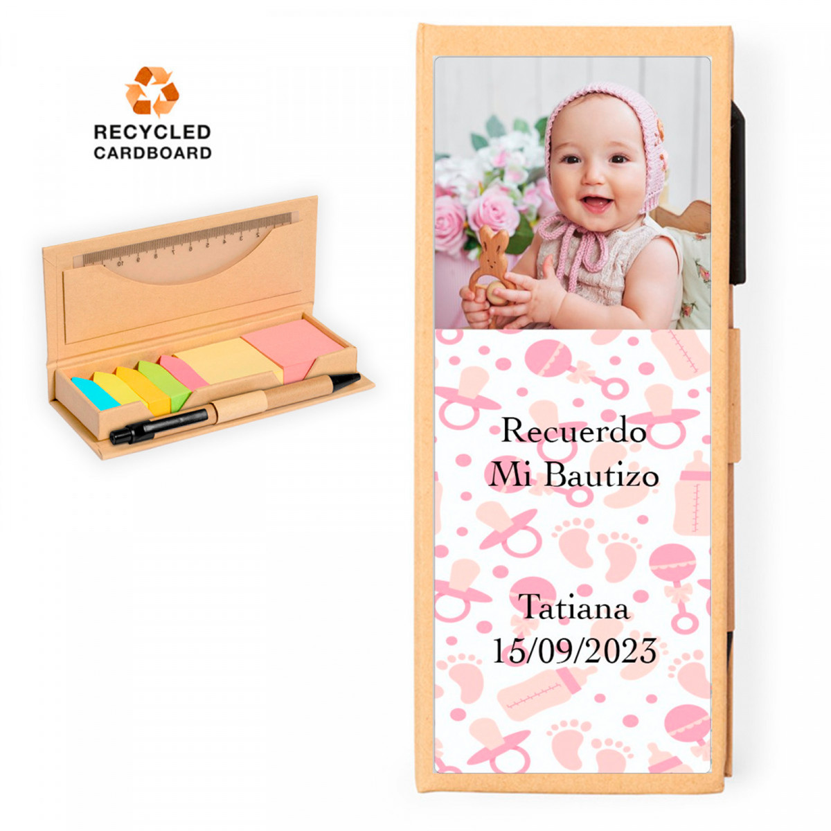 Marcadores y notas de colores con bolígrafo y regla en estuche con adhesivo de bautizo para regalar